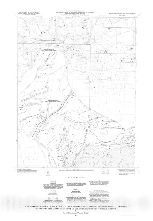 Map : Map showing bedrock topography and subcrop of a selected bed beneath alluvial deposits of part of the Evansville South quadrangle,, 1973 Cartography Wall Art :