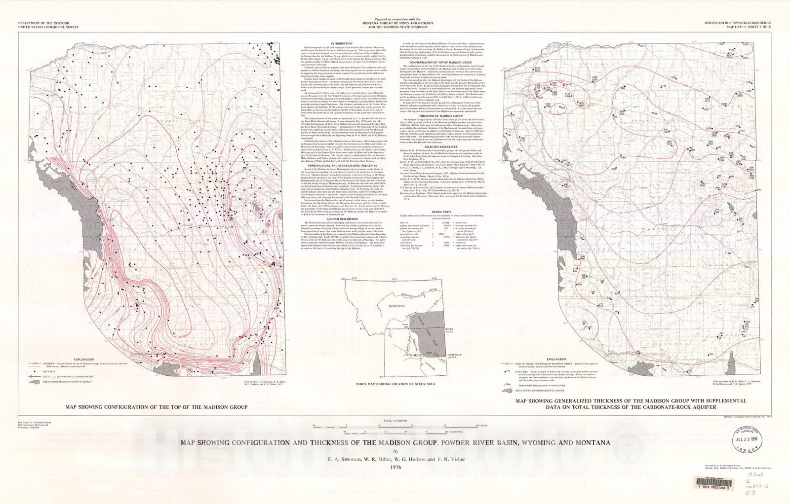 Map : Map showing configuration and thickness, and potentiometric surface and water quality in the Madison Group, Powder River basin, Wyoming and Montana, 1976 Cartography Wall Art :
