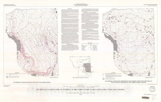 Map : Map showing configuration and thickness, and potentiometric surface and water quality in the Madison Group, Powder River basin, Wyoming and Montana, 1976 Cartography Wall Art :