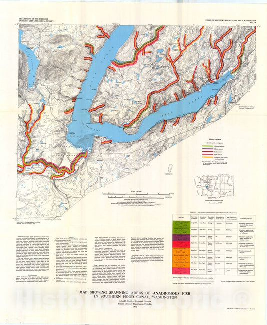 Map : Map showing spawning areas of anadromous fish in southern Hood Canal, Washington, 1973 Cartography Wall Art :
