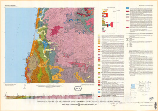 Map : Geologic map of the Cape Foulweather and Euchre Mountain quadrangles, Lincoln County, Oregon, 1976 Cartography Wall Art :