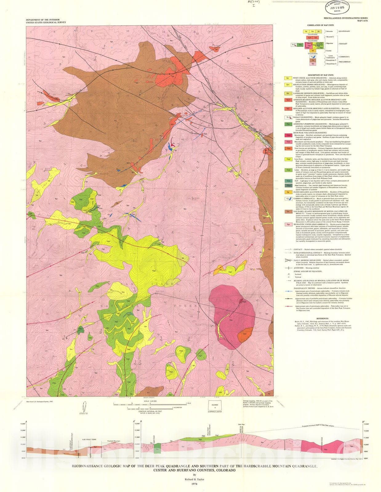 Map : Reconnaissance geologic map of the Deer Peak quadrangle and southern part of the Hardscrabble Mountain quadrangle, 1974 Cartography Wall Art :