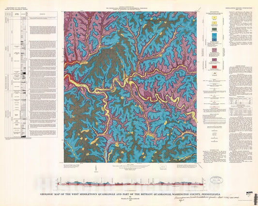 Map : Geologic map of the West Middletown quadrangle, and part of the Bethany quadrangle, Washington County, Pennsylvania, 1975 Cartography Wall Art :