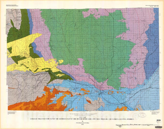 Map : Geologic and structure map of the southern part of the Powder River basin, Converse, Niobrara, and Natrona Counties, Wyoming, 1975 Cartography Wall Art :