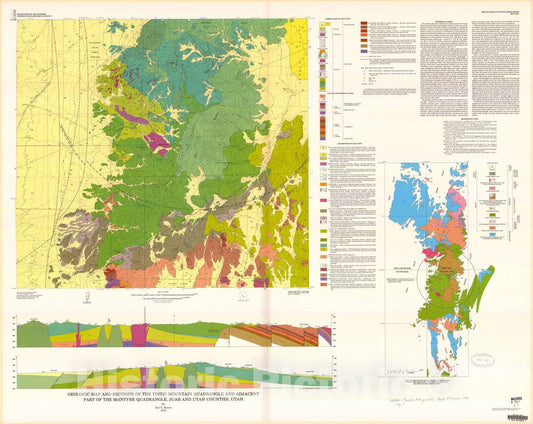 Map : Geologic map and sections of the Tintic Mountain quadrangle and adjacent part of the McIntyre quadrangle, Juab and Utah Counties, Utah, 1975 Cartography Wall Art :