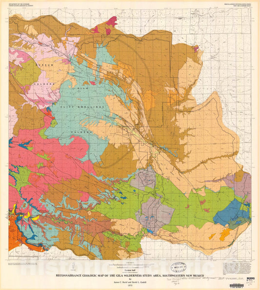 Map : Reconnaissance geologic map of the Gila wilderness study area, southwestern New Mexico, 1975 Cartography Wall Art :