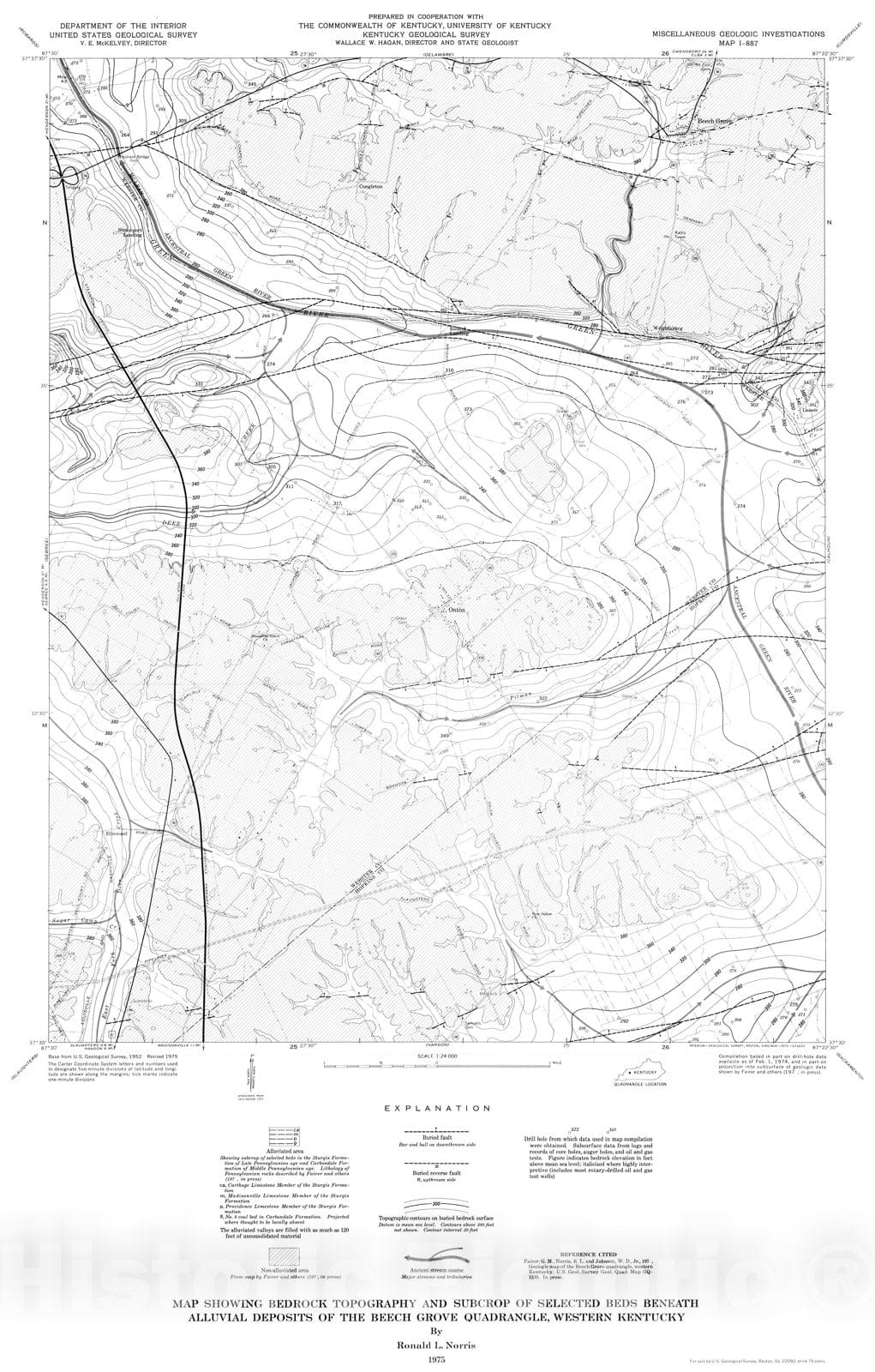 Map : Map showing bedrock topography and subcrop of selected beds beneath alluvial deposits of the Beech Grove quadrangle, western Kentucky, 1975 Cartography Wall Art :