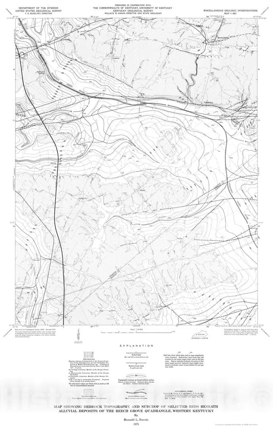 Map : Map showing bedrock topography and subcrop of selected beds beneath alluvial deposits of the Beech Grove quadrangle, western Kentucky, 1975 Cartography Wall Art :