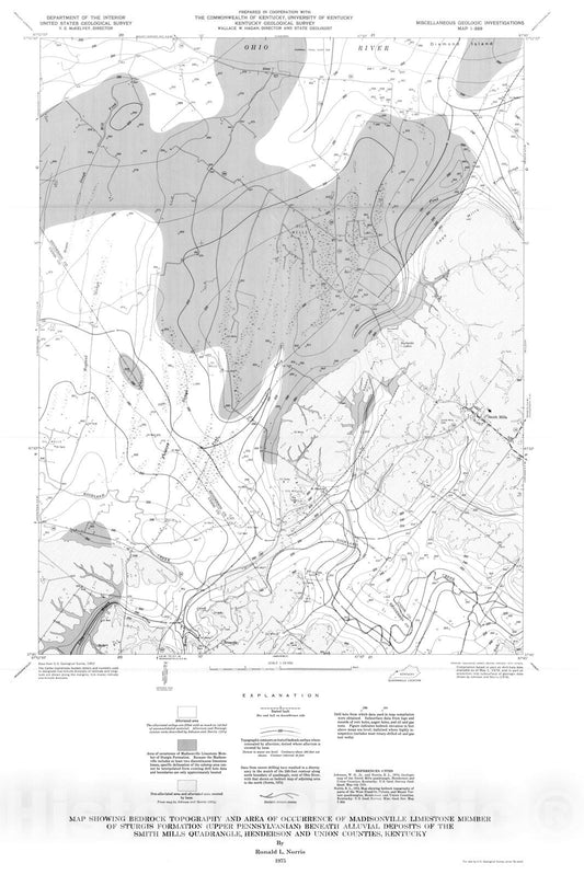 Map : Map showing bedrock topography and area of occurrence of Madisonville Limestone Member of Sturgis Formation (upper Pennsylvanian), 1975 Cartography Wall Art :