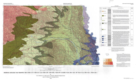 Map : Bedrock geologic map showing thickness of overlying Quaternary deposits, Fremont quadrangle and part of Omaha quadrangle, Nebraska, 1975 Cartography Wall Art :