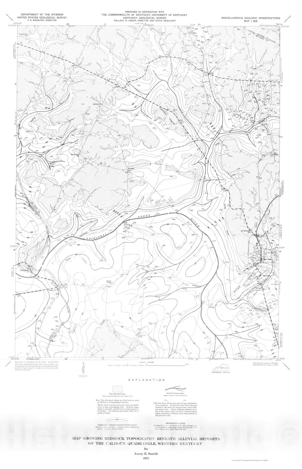 Map : Map showing bedrock topography beneath alluvial deposits of the Calhoun quadrangle, western Kentucky, 1975 Cartography Wall Art :