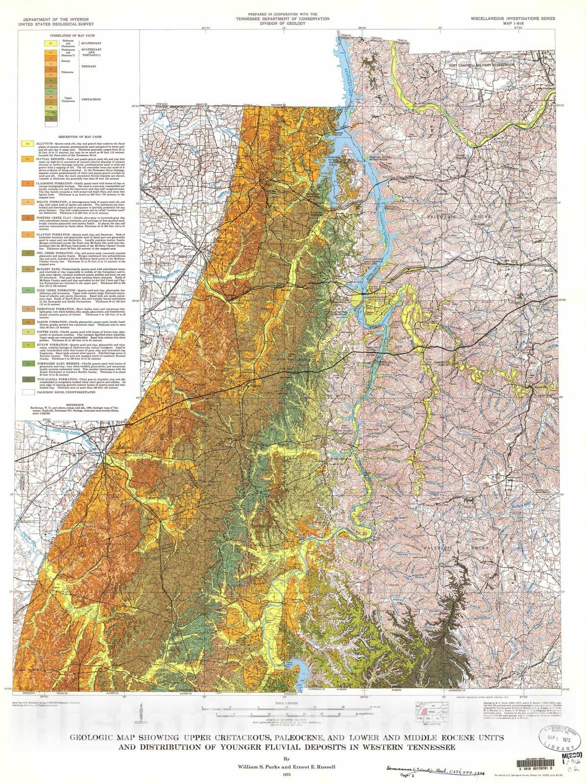 Map : Geologic map showing upper Cretaceous, Paleocene, and lower and middle Eocene units and distribution of younger fluvial deposits in western Tennessee, 1975 Cartography Wall Art :