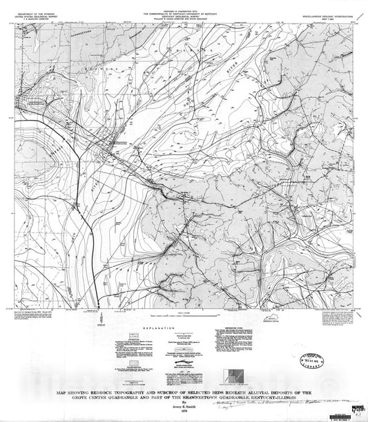 Map : Map showing bedrock topography and subcrop of selected beds beneath alluvial deposits of the Grove Center , 1976 Cartography Wall Art :