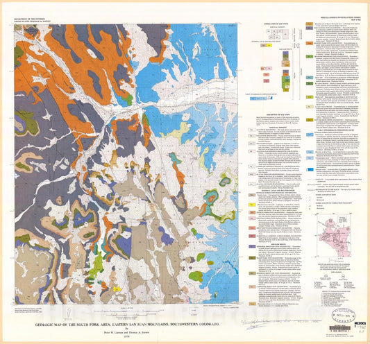 Map : Geologic map of the South Fork area, eastern San Juan Mountains, southwestern Colorado, 1976 Cartography Wall Art :