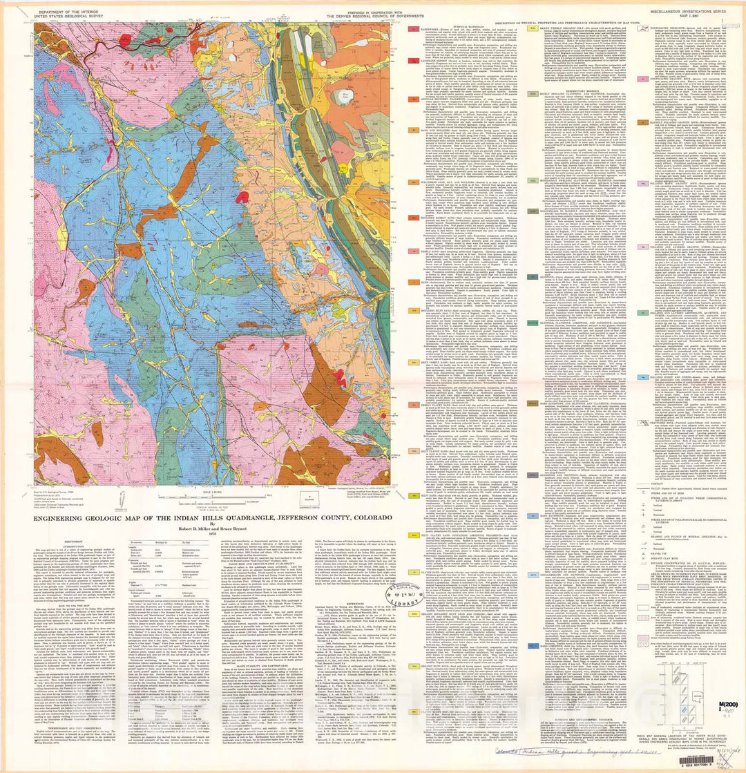 Map : Engineering geologic map of the Indian Hills quadrangle, Jefferson County, Colorado, 1976 Cartography Wall Art :