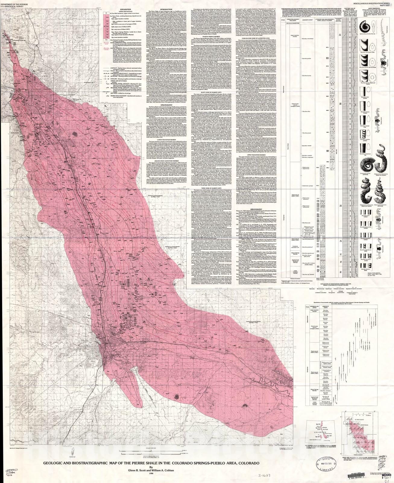Map : Geologic and biostratigraphic map of the Pierre Shale in the Colorado Springs-Pueblo area, Colorado, 1986 Cartography Wall Art :