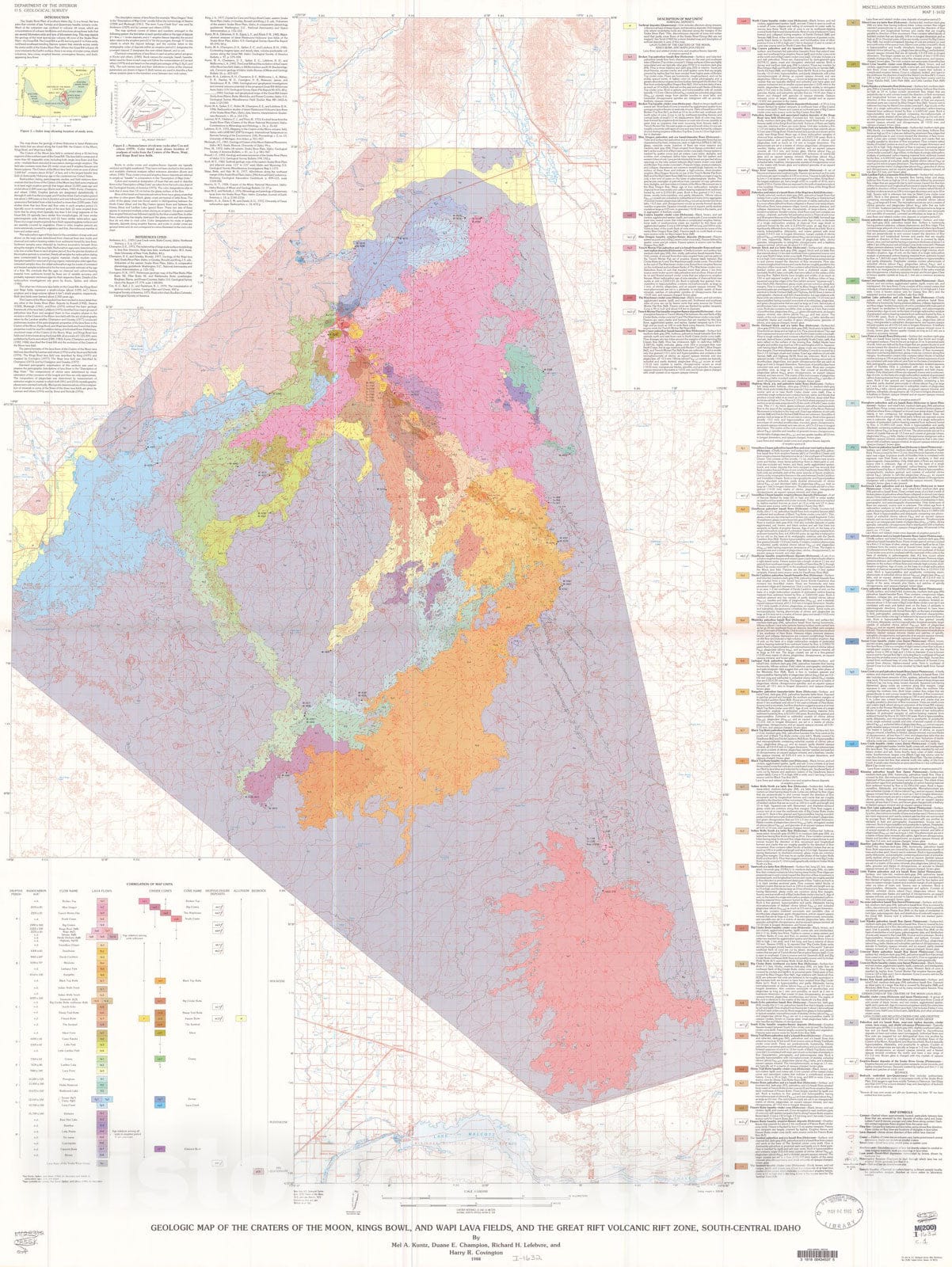 Map : Geologic map of the Craters of the Moon, Kings Bowl, and Wapi lava fields, and the Great Rift volcanic rift zone, south-central Idaho, 1988 Cartography Wall Art :
