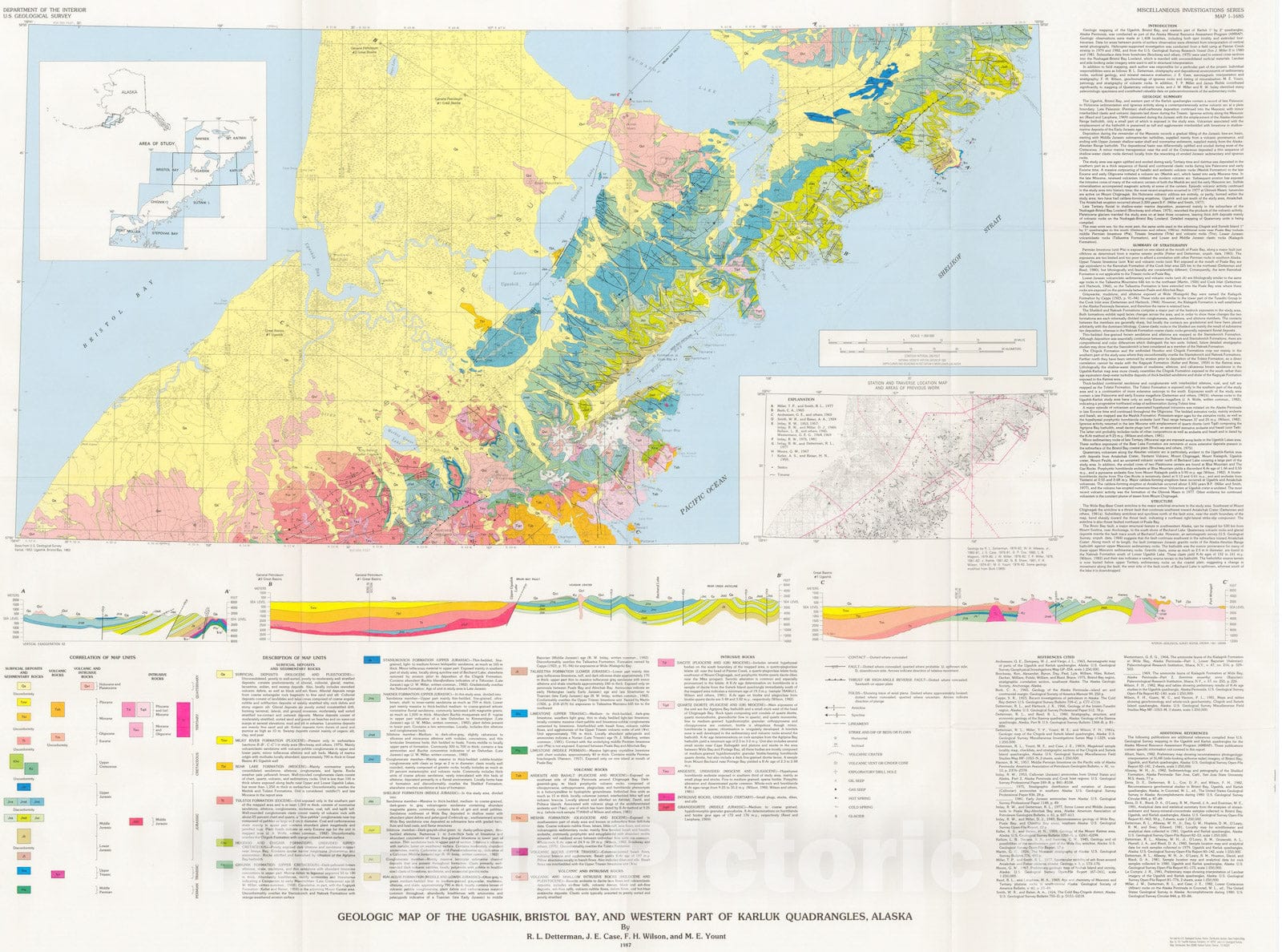 Map : Geologic map of the Ugashik, Bristol Bay, and western part of Karluk quadrangle, Alaska, 1987 Cartography Wall Art :