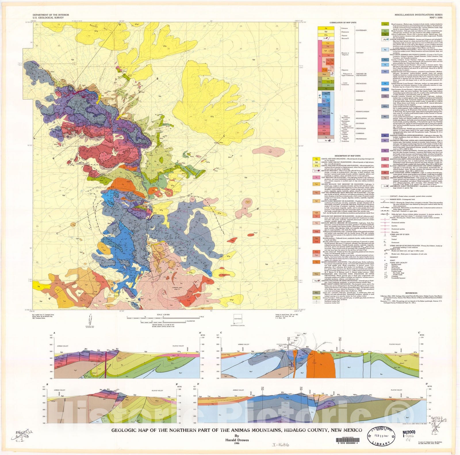 Map : Geologic map of the northern part of the Animas Mountains, Hidalgo County, New Mexico, 1986 Cartography Wall Art :