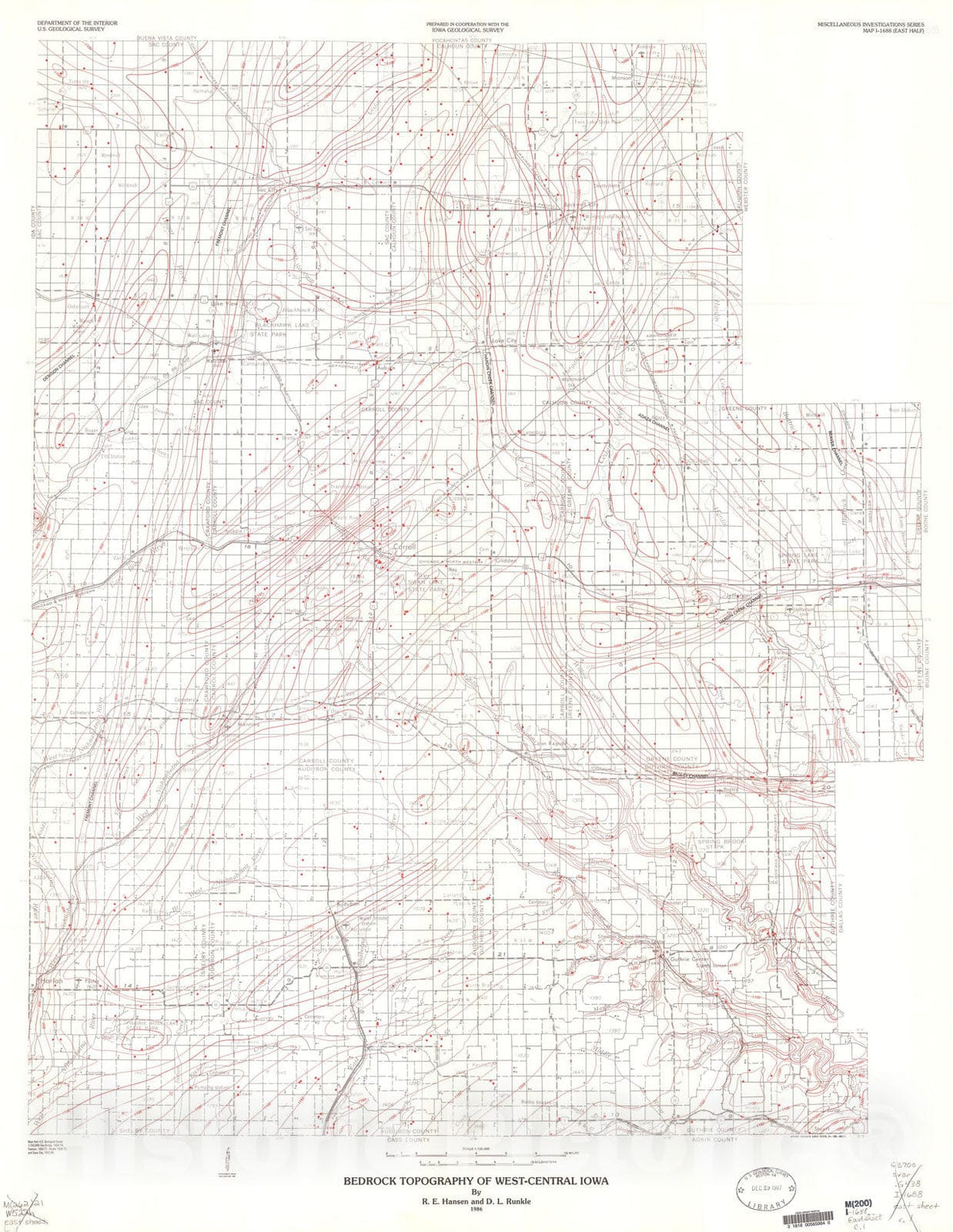 Map : Bedrock topography of west-central Iowa, 1986 Cartography Wall Art :