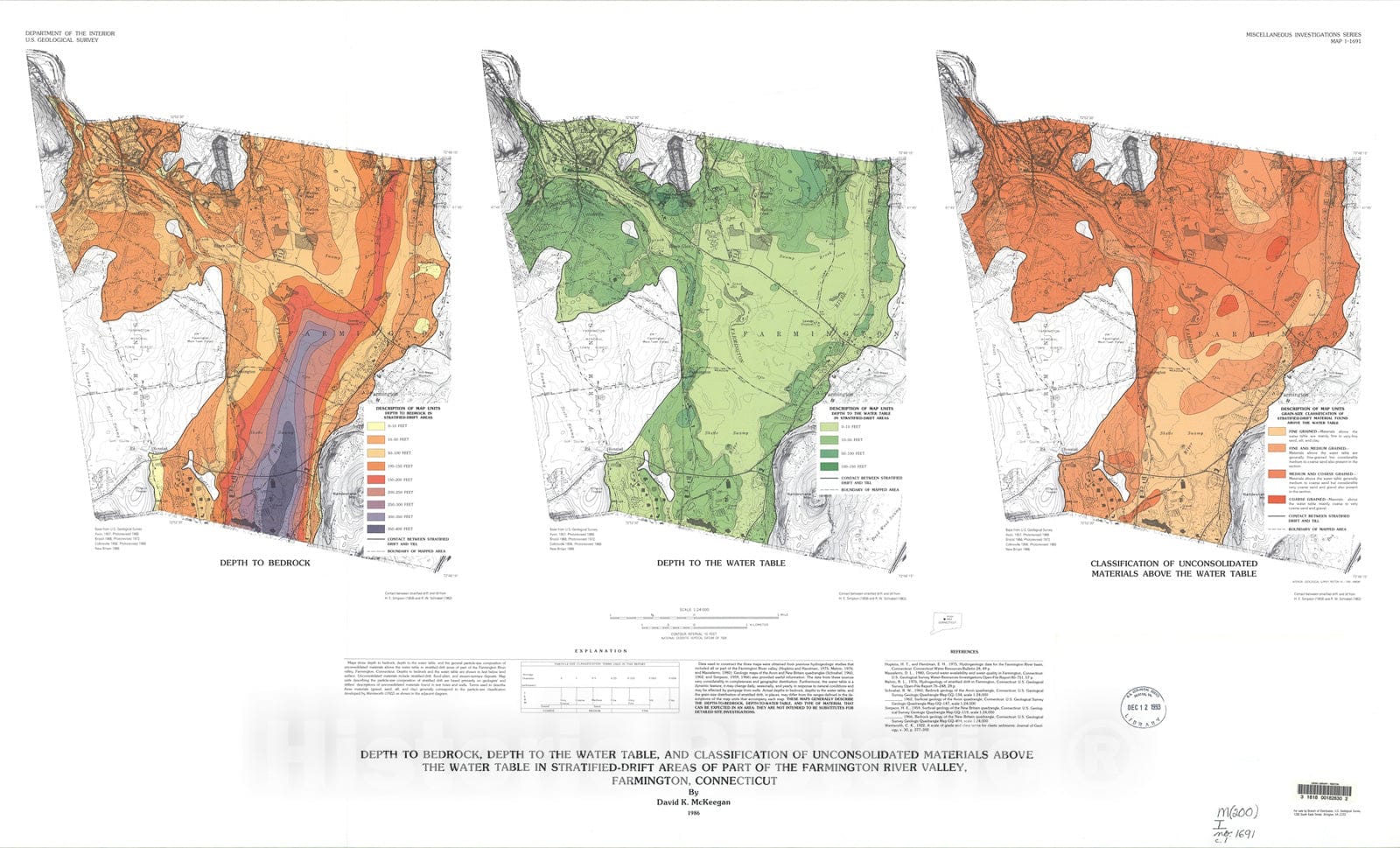 Map : Depth to bedrock, depth to water table, and classification of unconsolidated materials above the water table in stratified-drift a, 1986 Cartography Wall Art :