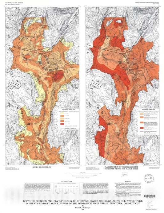 Map : Depth to bedrock and classification of unconsolidated materials above the water table in stratified-drift areas, 1986 Cartography Wall Art :