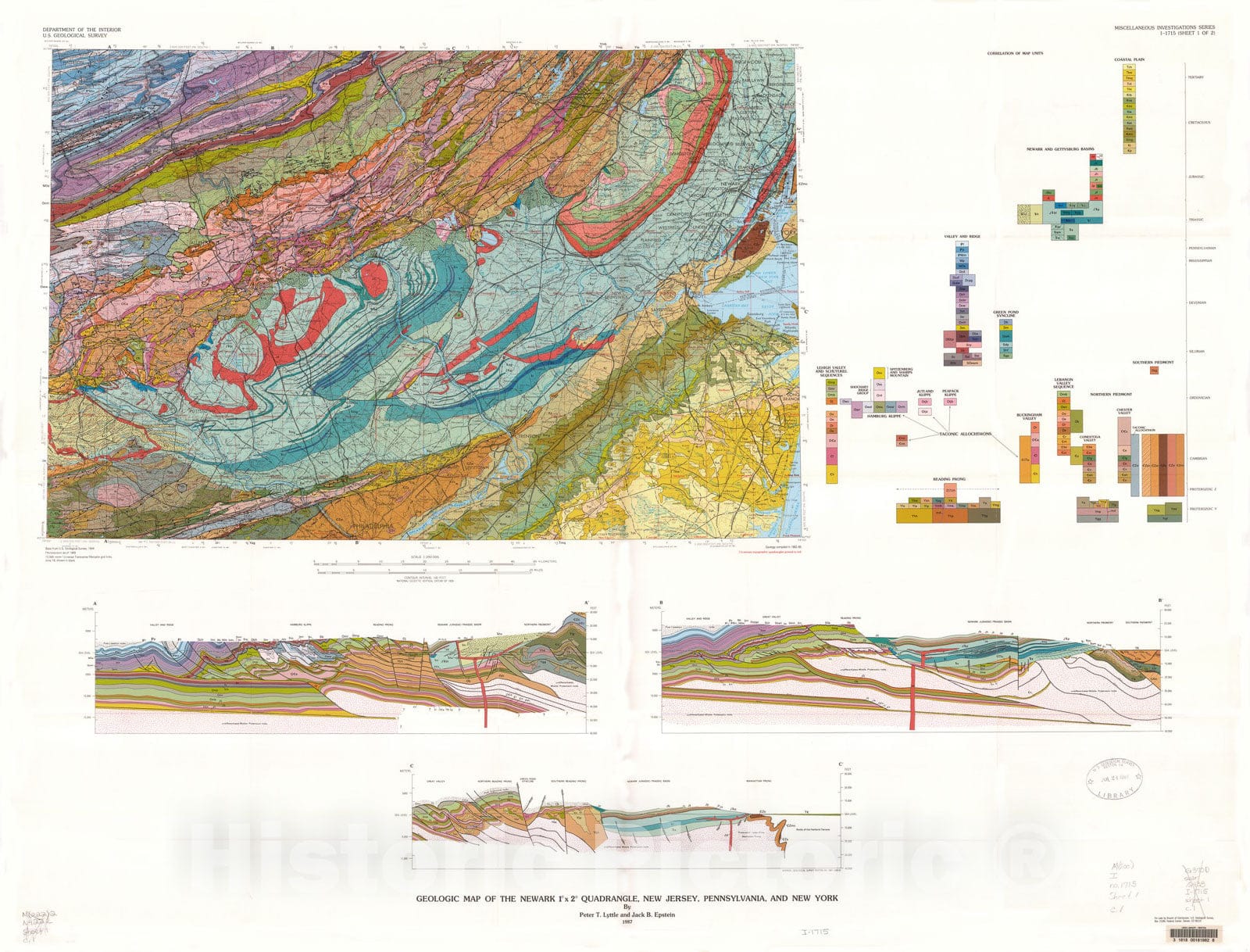 Map : Geologic map of the Newark one degree x two degrees quadrangle, New Jersey, Pennsylvania, and New York, one987 Cartography Wall Art :