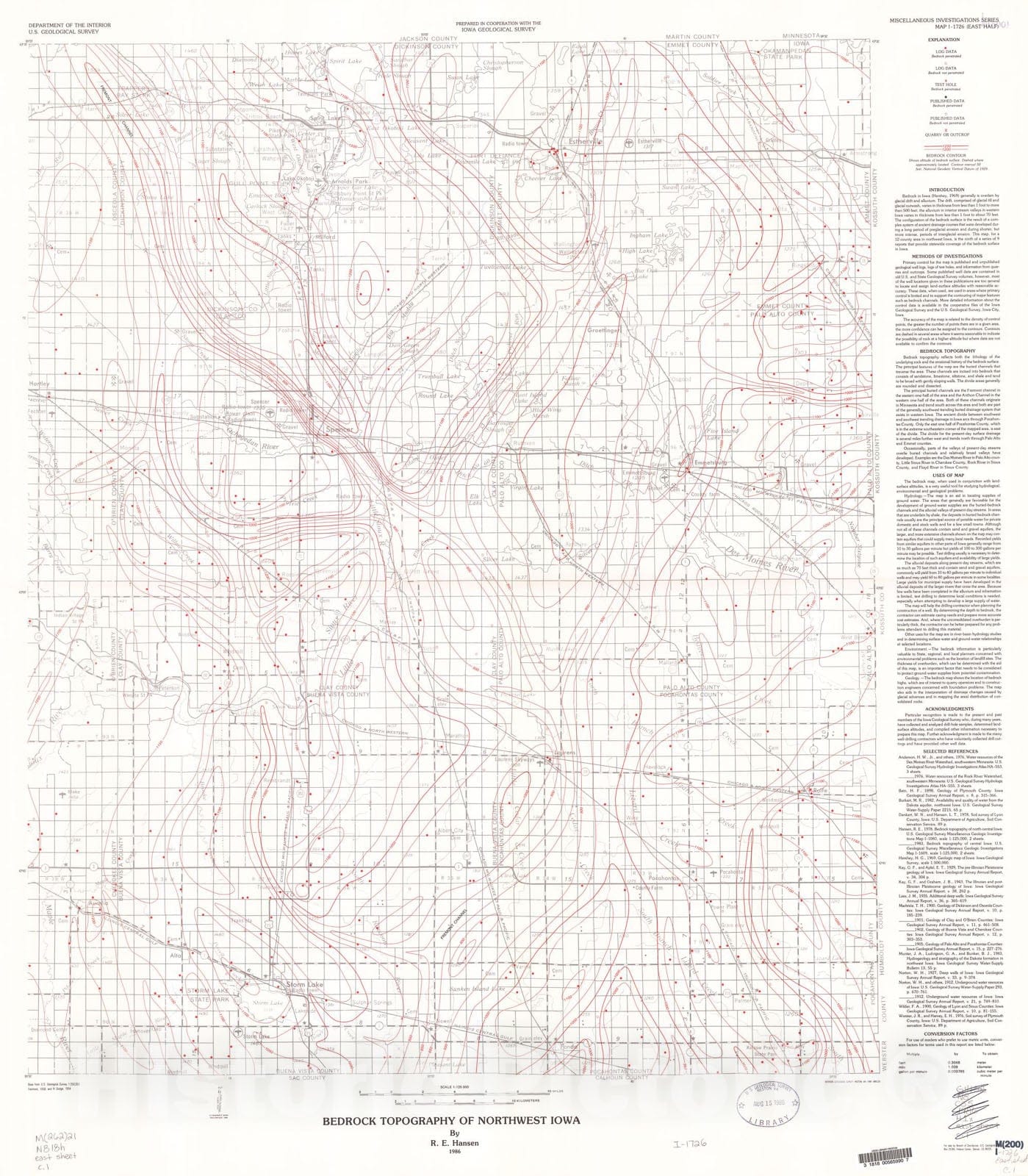 Map : Bedrock topography of northwest Iowa, 1986 Cartography Wall Art :