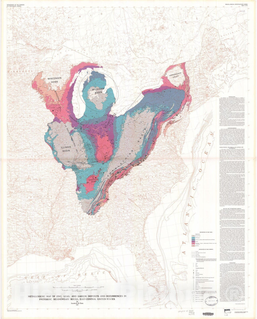 Map : Metallogenic map of zinc, lead, and barium deposits and occurrences in Paleozoic sedimentary rocks, east-central United States, 1987 Cartography Wall Art :