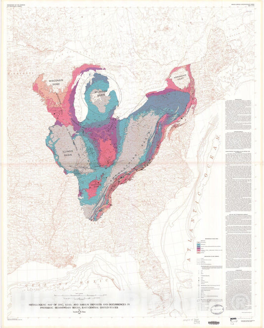 Map : Metallogenic map of zinc, lead, and barium deposits and occurrences in Paleozoic sedimentary rocks, east-central United States, 1987 Cartography Wall Art :
