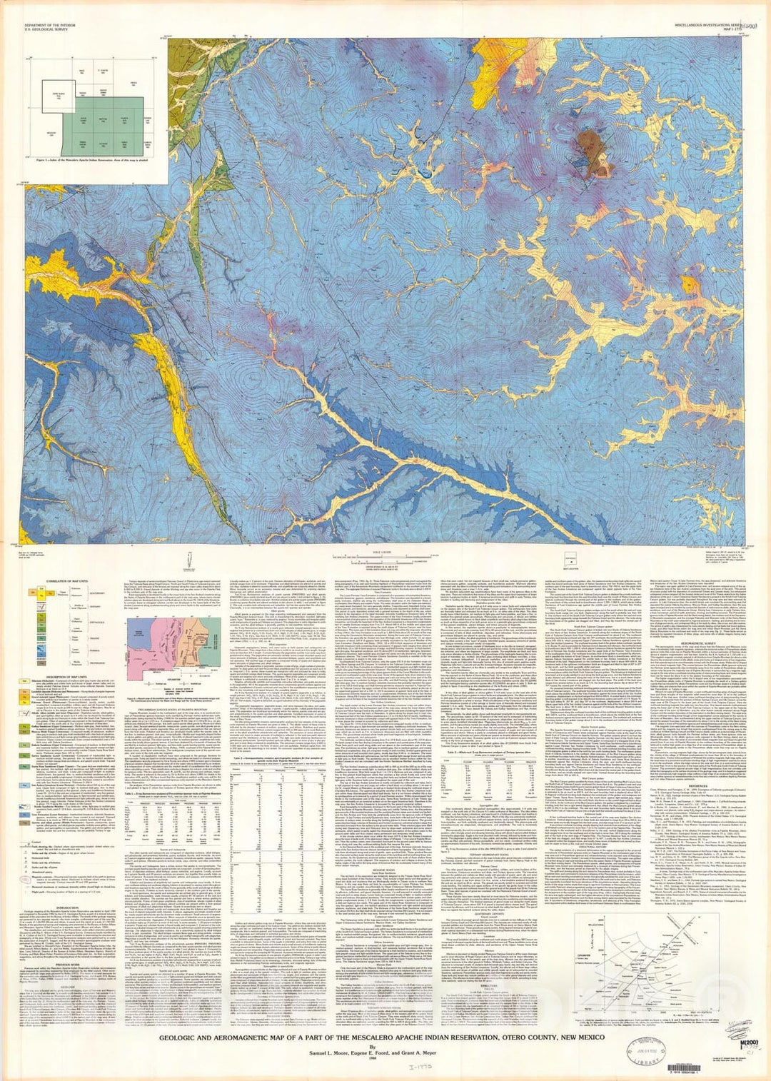 Map : Geologic and aeromagnetic map of a part of the Mescalero Apache Indian Reservation, Otero County, New Mexico, 1988 Cartography Wall Art :