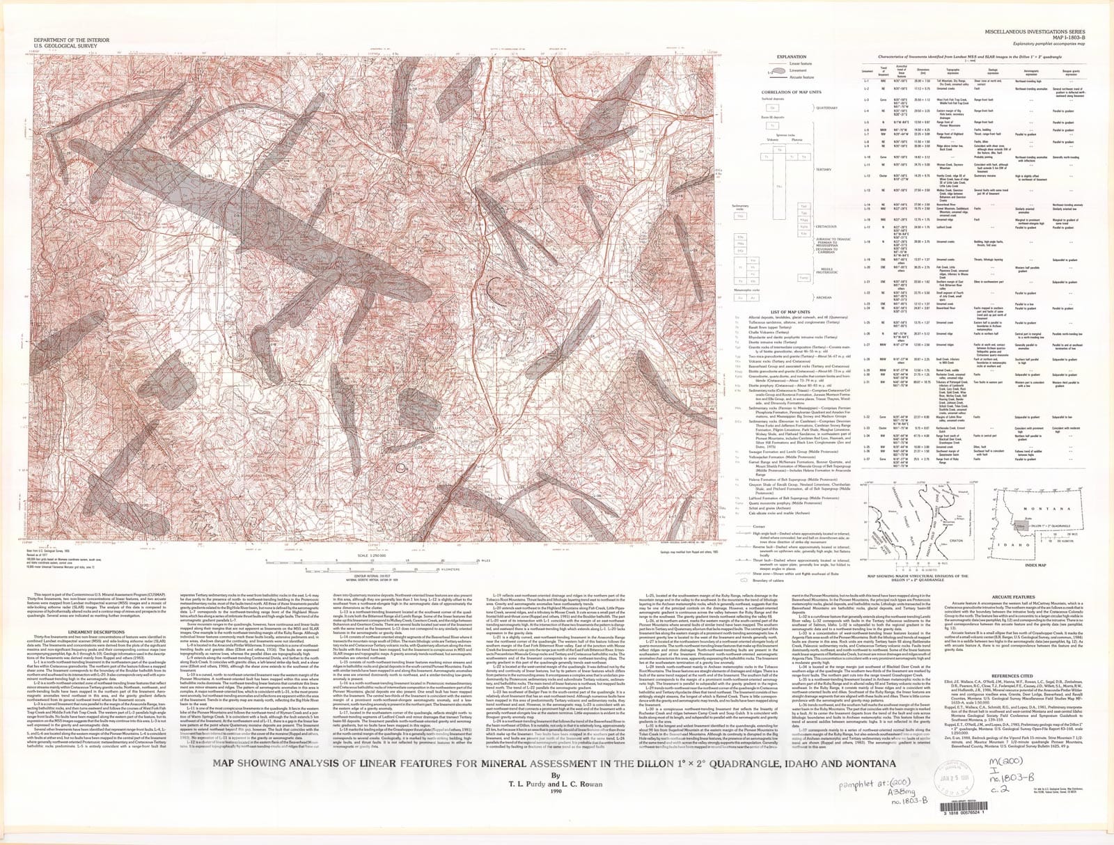 Map : Map showing analysis of linear features for mineral assessment in the Dillon one degree x two degrees quadrangle, Idaho and Montana, one990 Cartography Wall Art :