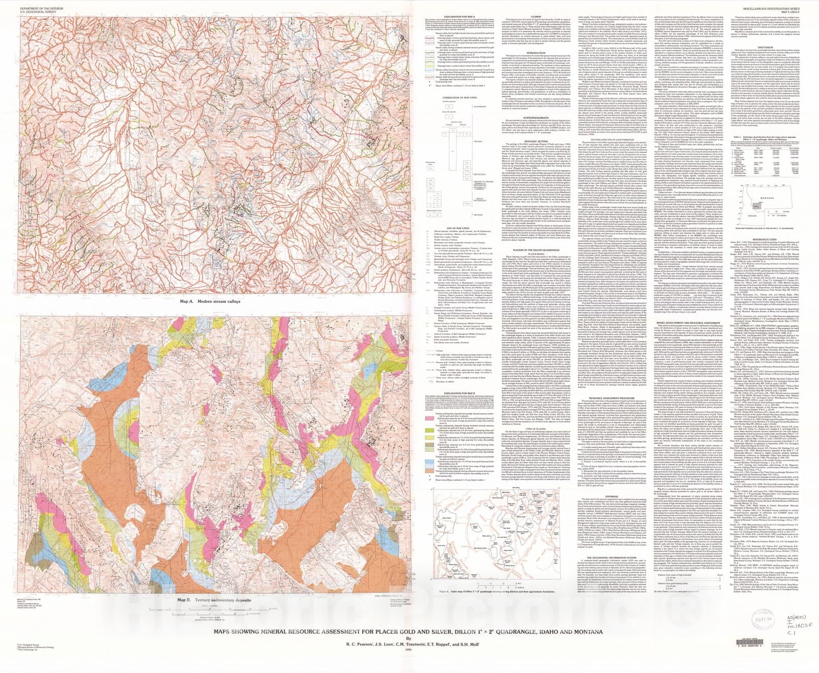 Map : Map showing mineral resource assessment for placer gold and silver, Dillon one degree x two degrees quadrangle, Idaho and Montana, one99one Cartography Wall Art :
