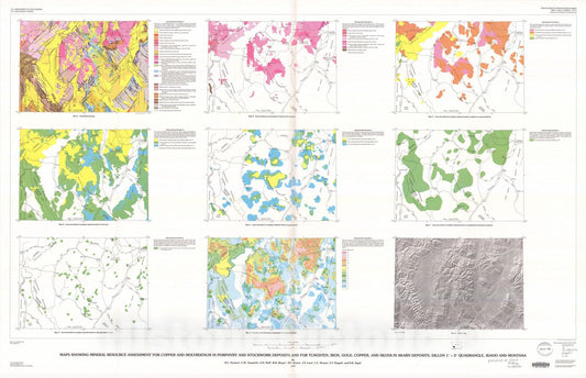 Map : Map showing mineral resource assessment for copper and molybdenum in porphyry and stockwork deposits and for tungsten, iron, gold,, 1992 Cartography Wall Art :
