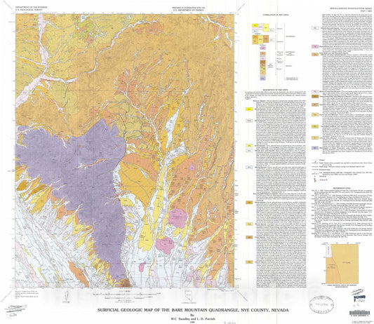 Map : Surficial geologic map of the Bare Mountain quadrangle, Nye County, Nevada, 1988 Cartography Wall Art :