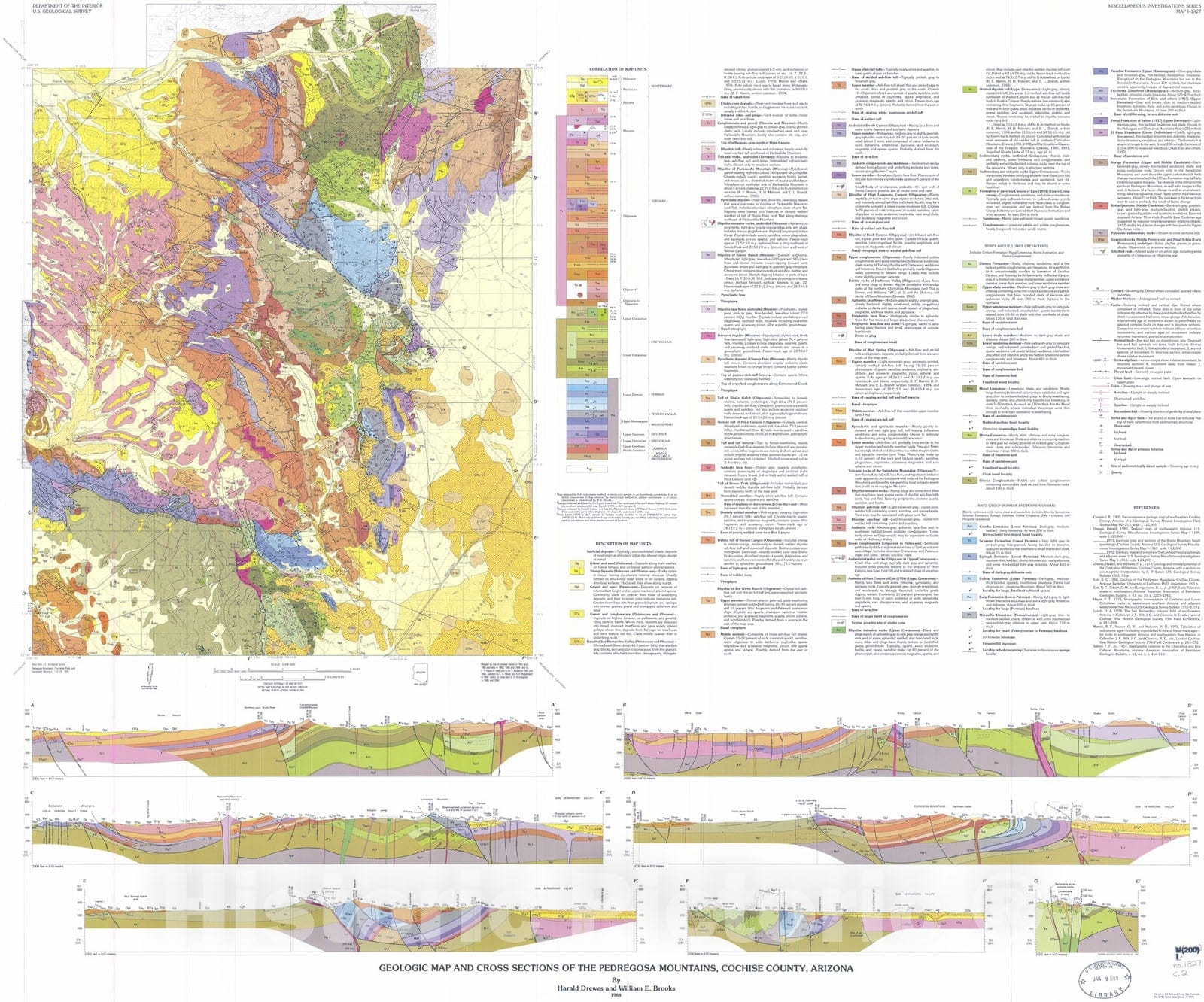 Map : Geologic map and cross sections of the Pedregosa Mountains, Cochise County, Arizona, 1988 Cartography Wall Art :