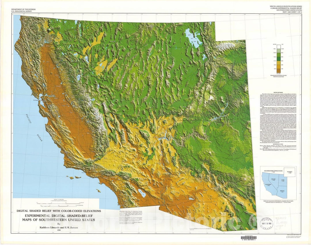Map : Experimental digital shaded-relief maps of southwestern United States, 1990 Cartography Wall Art :