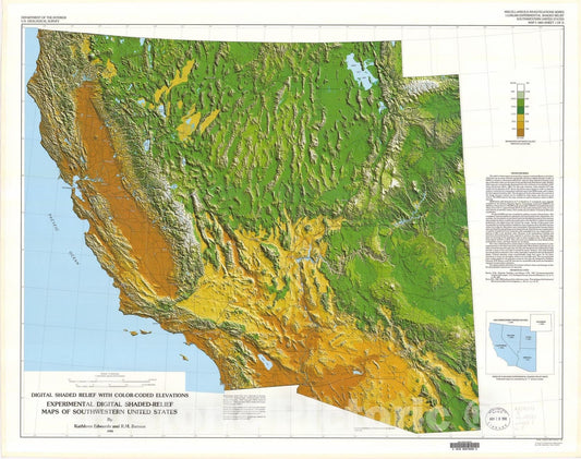 Map : Experimental digital shaded-relief maps of southwestern United States, 1990 Cartography Wall Art :