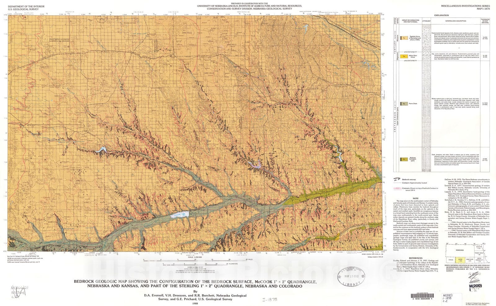 Map : Bedrock geologic map showing the configuration of the bedrock surface, McCook one degree x two degrees quadrangle, Nebraska and Kansas, one988 Cartography Wall Art :
