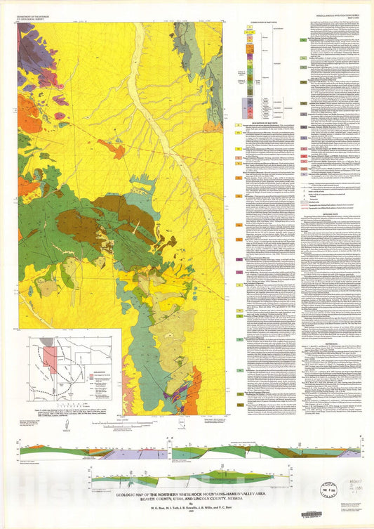 Map : Geologic map of the northern White Rock Mountains-Hamlin Valley area, Beaver County, Utah, and Lincoln County, Nevada, 1989 Cartography Wall Art :