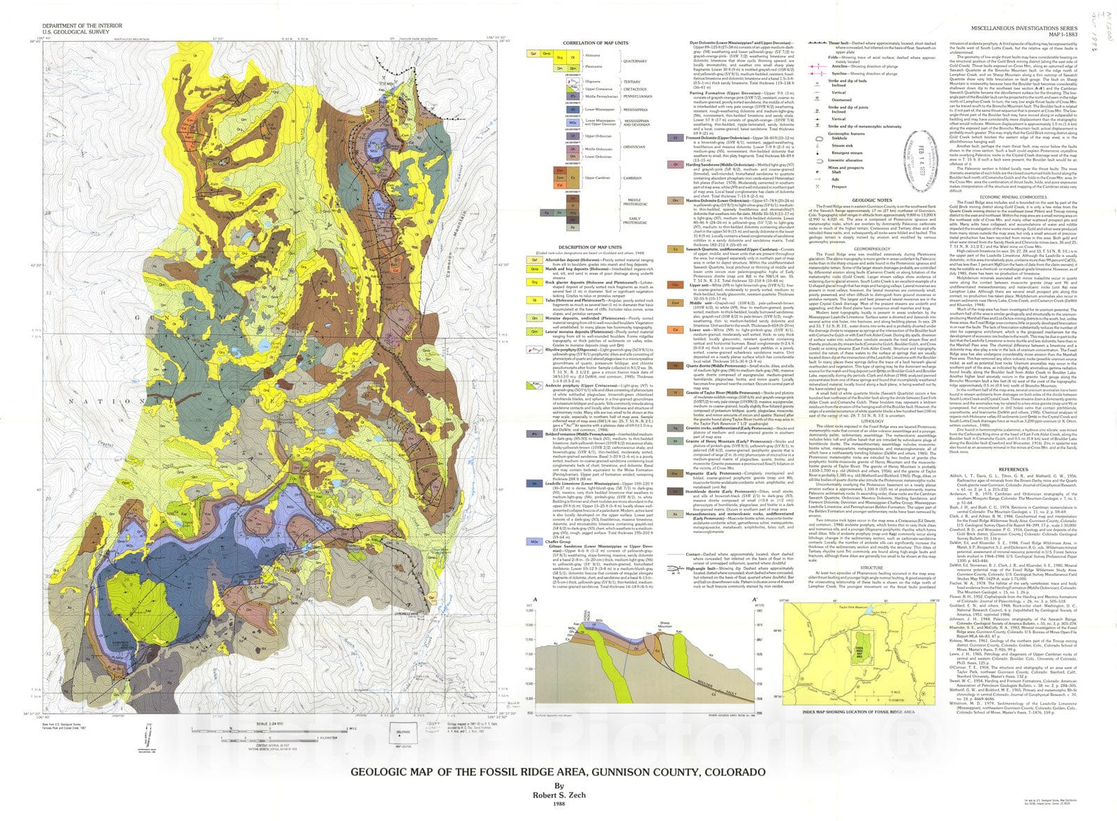 Map : Geologic map of the Fossil Ridge area, Gunnison County, Colorado, 1988 Cartography Wall Art :