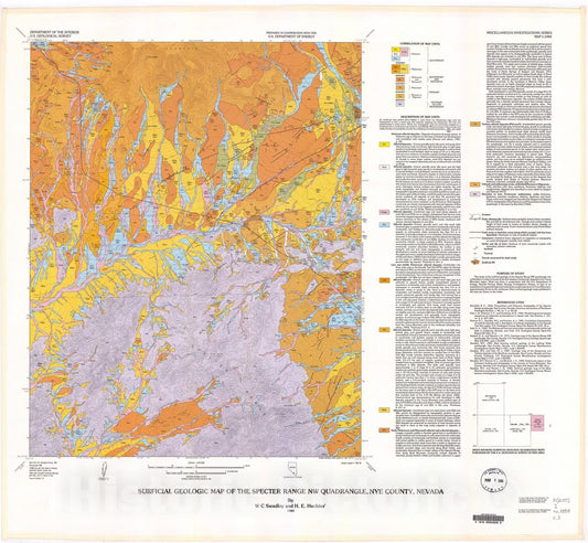 Map : Surficial geologic map of the Specter Range NW quadrangle, Nye County, Nevada, 1989 Cartography Wall Art :