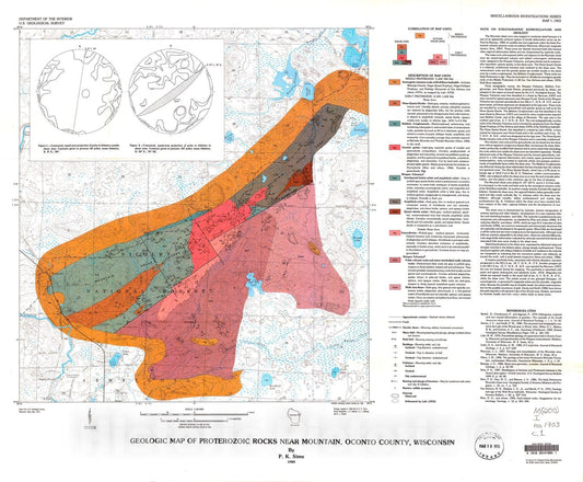 Map : Geologic map of the Proterozoic rocks near Mountain, Oconto County, Wisconsin, 1989 Cartography Wall Art :