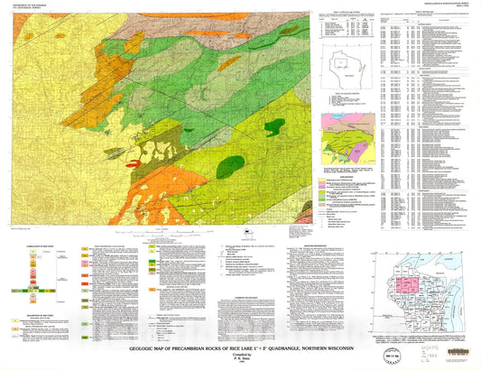 Map : Geologic map of Precambrian rocks of Rice Lake one degree x two degrees quadrangle, northern Wisconsin, one989 Cartography Wall Art :