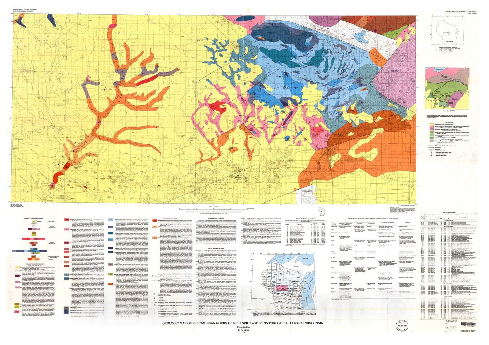 Map : Geologic map of Precambrian rocks of Neillsville-Stevens Point area, central Wisconsin, 1990 Cartography Wall Art :