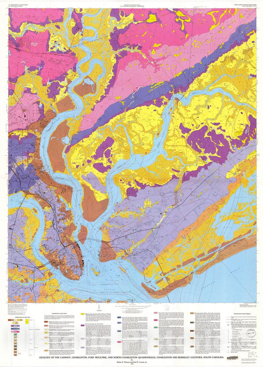 Map : Geology of the Cainhoy, Charleston, Fort Moultrie, and North Charleston quadrangles, Charleston and Berkeley Counties, South Carolina, 1993 Cartography Wall Art :
