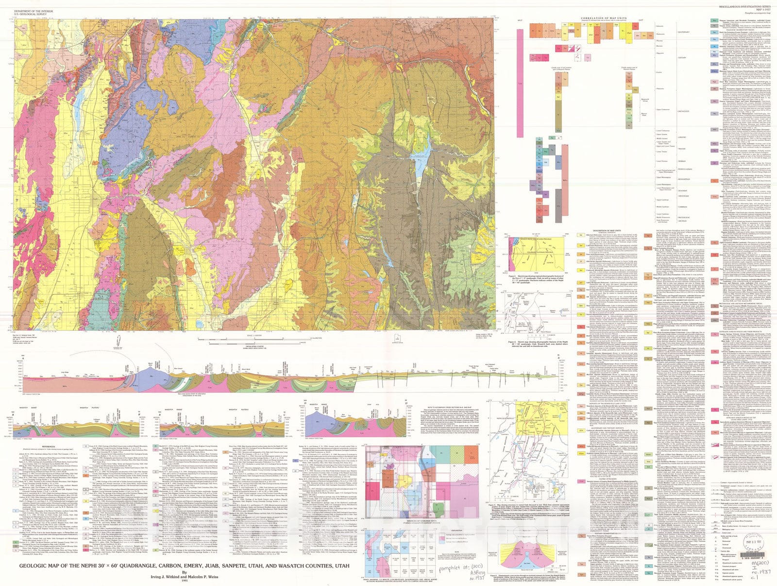 Map : Geologic map of the Nephi 30' X 60' quadrangle, Carbon, Emery, Juab, Sanpete, Utah, and Wasatch Counties, Utah, 1991 Cartography Wall Art :