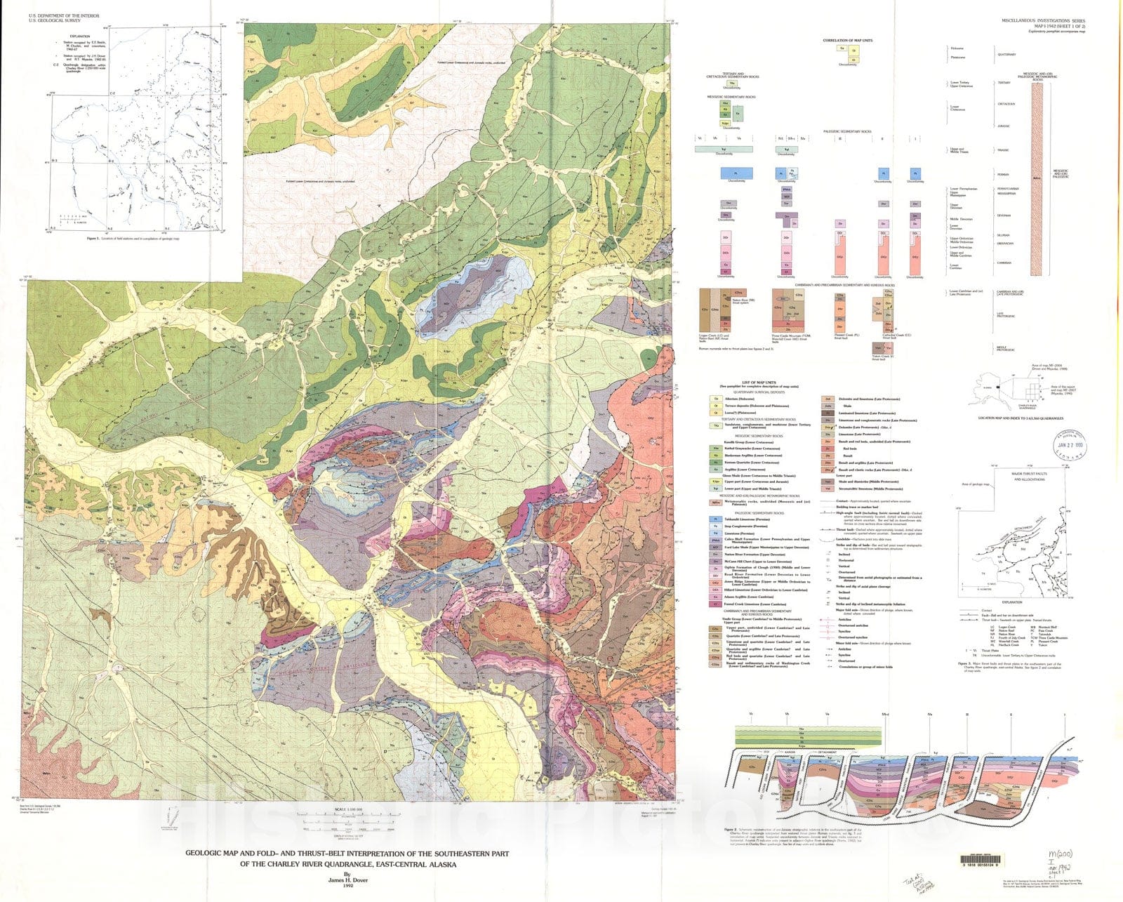 Map : Geologic map and fold- and thrust-belt interpretation of the southeastern part of the Charlie River quadrangle, east-central Alaska, 1992 Cartography Wall Art :