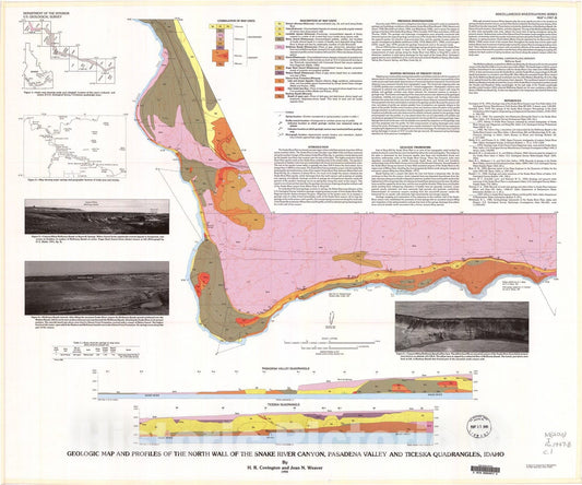 Map : Geologic map and profiles of the north wall of the Snake River Canyon, Pasadena Valley and Ticeska quadrangles, Idaho, 1990 Cartography Wall Art :