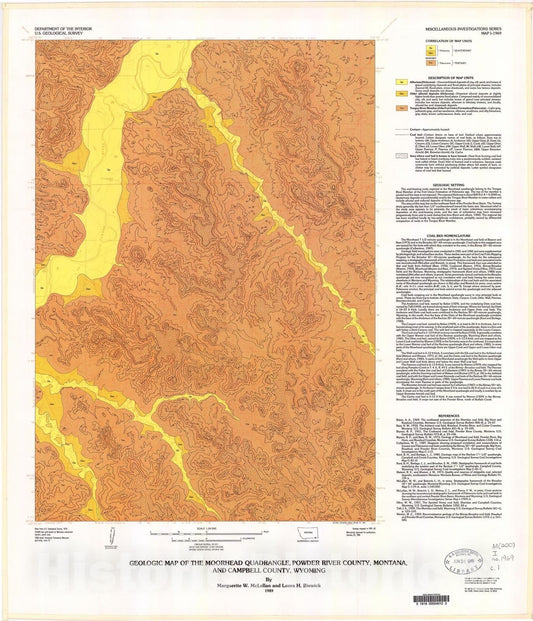 Map : Geologic map of the Moorhead quadrangle, Powder River County, Montana, and Campbell County, Wyoming, 1989 Cartography Wall Art :
